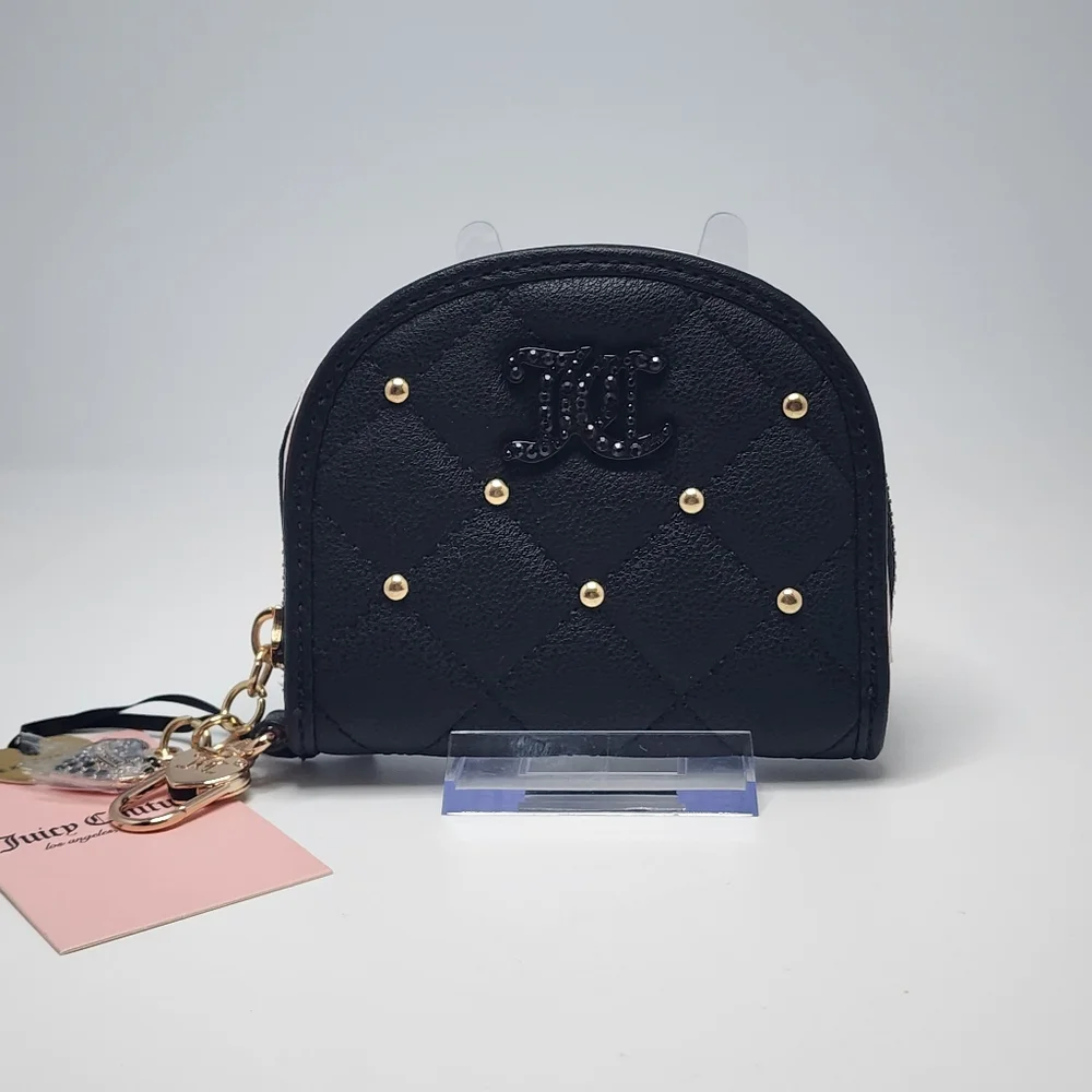Juicy Couture Black Quilted Coin Purse with Mirror NWT Gold Studs & JC Logo
